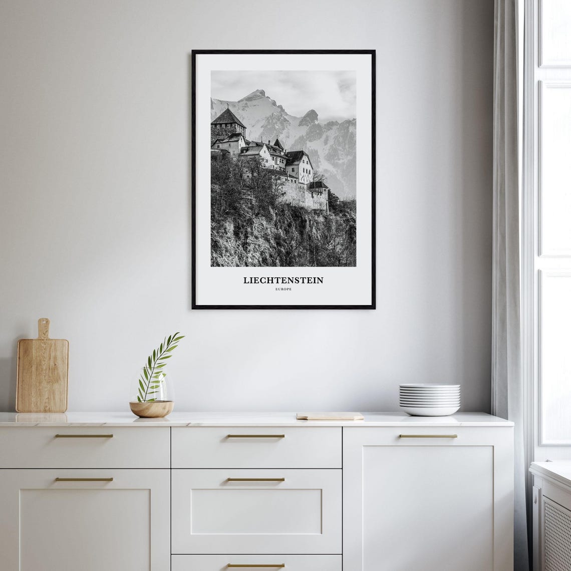 Liechtenstein Vaduz Castle Alps Cliffside Black White Poster - Image 2