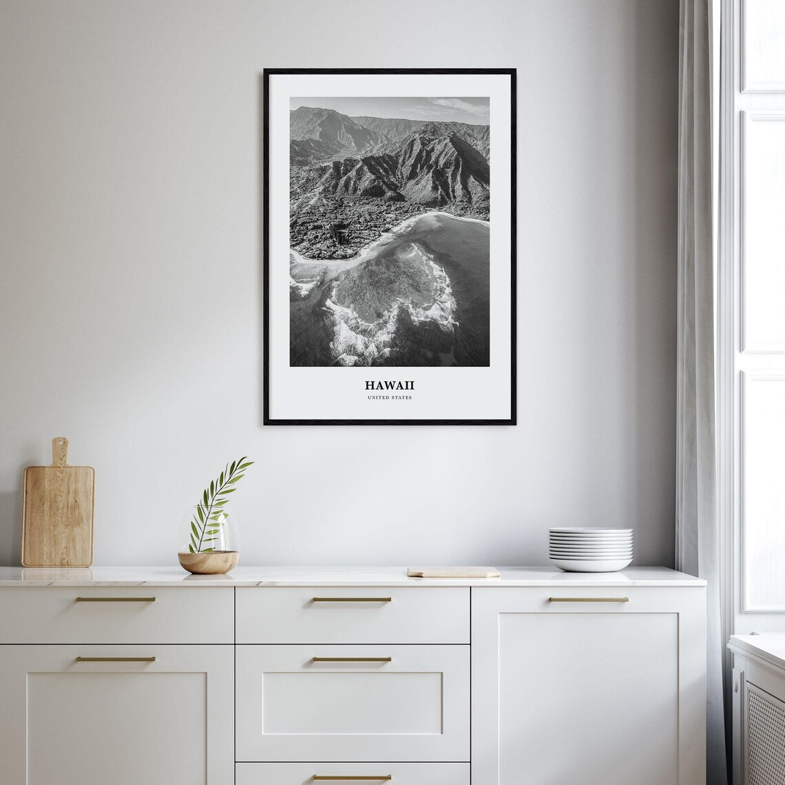Hawaii Aerial Mountain Coastline Black and White Travel Poster - Image 2