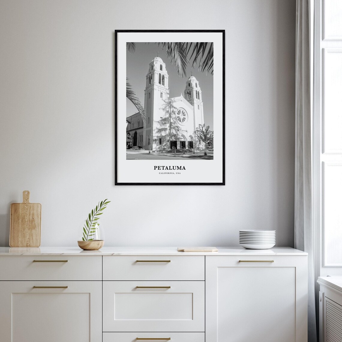 Petaluma California Historic Church Towers Black and White Poster - Image 2