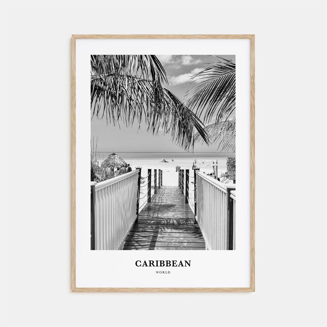 Caribbean Boardwalk Beach Palm Fronds Black White Travel Poster
