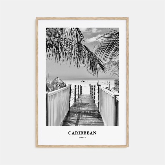 Caribbean Boardwalk Beach Palm Fronds Black White Travel Poster