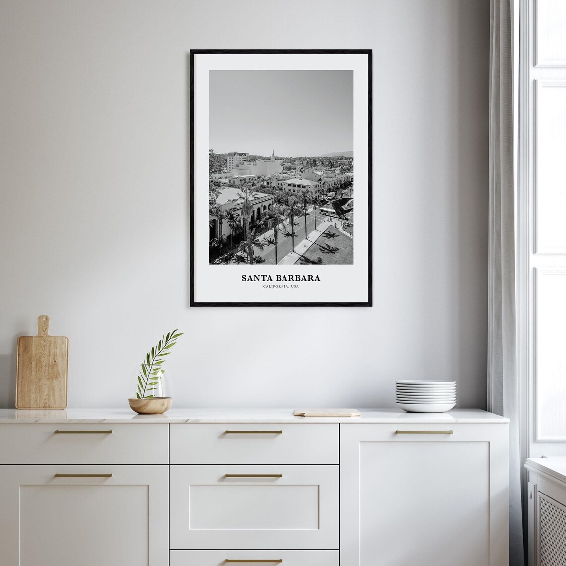 Santa Barbara California Downtown Palm Lined Street Black White Poster - Image 2