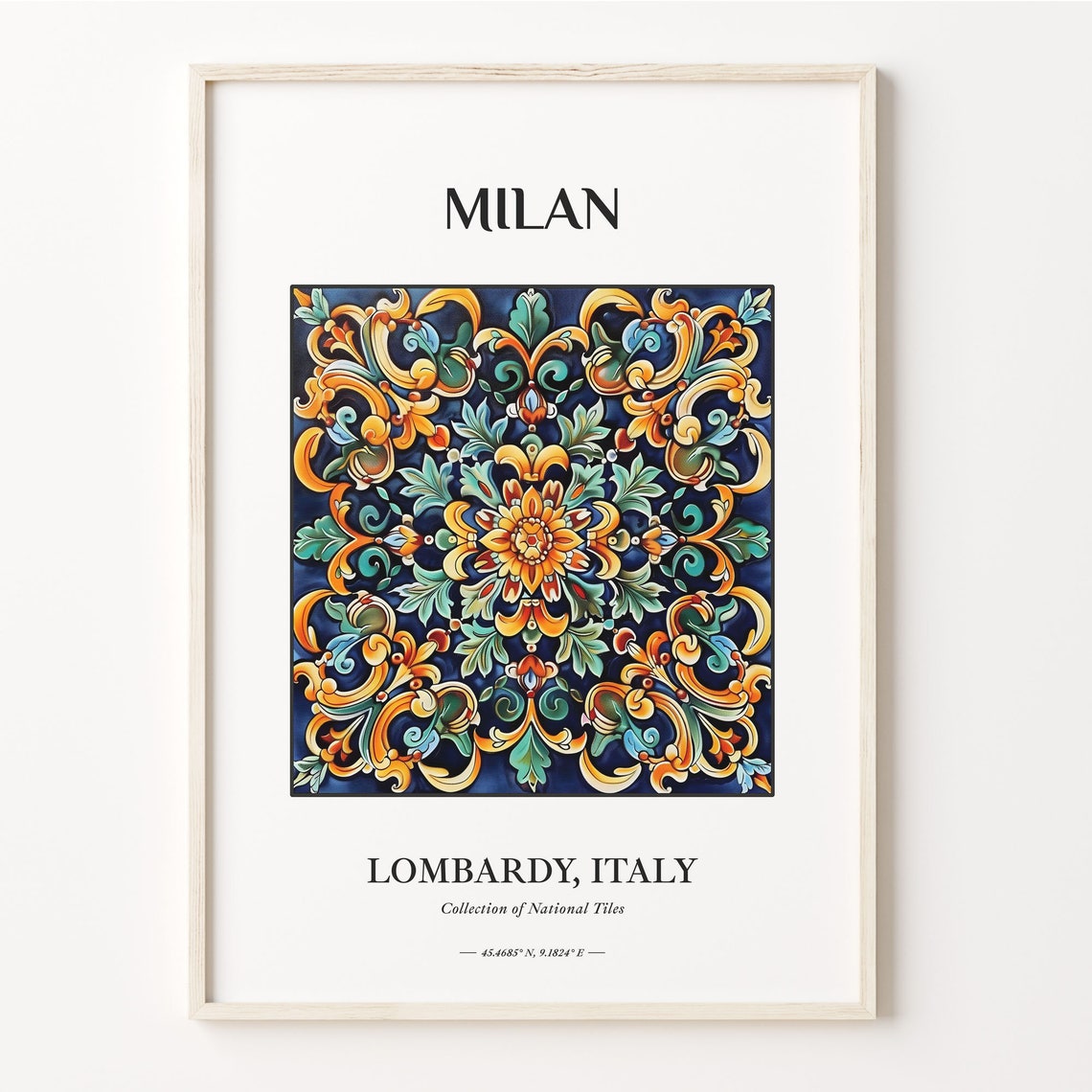 Milan Lombardy Italy Tile Poster with Gold Floral Scrollwork