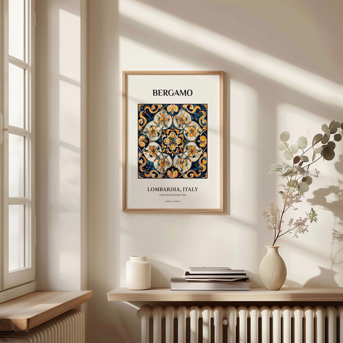 Bergamo Lombardy Italy Navy Gold Floral Rosette Tile Artwork Poster - Image 3