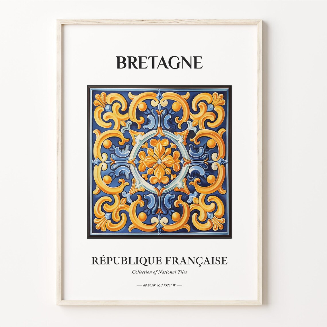 Bretagne France Gold Scroll Blue Ornamental Ceramic Tile Poster