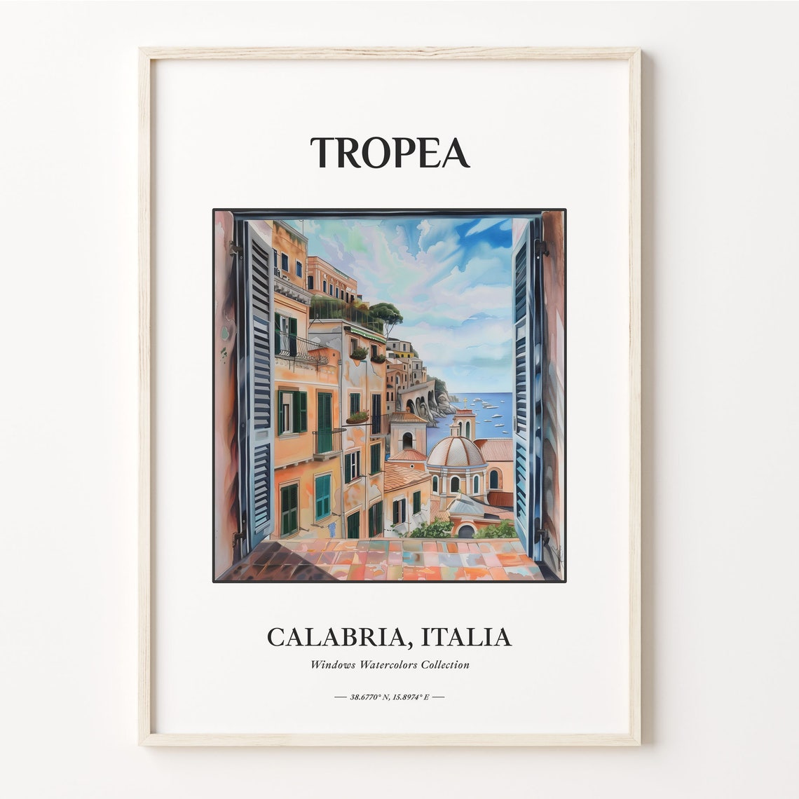 Tropea Calabria Italy Watercolor Print with Coastal Window View