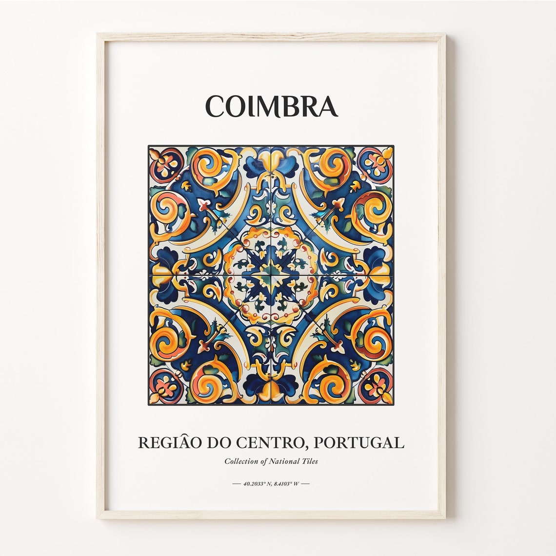 Coimbra Portugal Azulejo Swirl Tile Art Blue Gold Pattern Poster