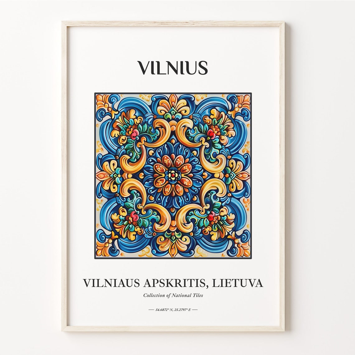 Vilnius Lithuania Blue Orange Floral Baroque Tile Pattern Poster