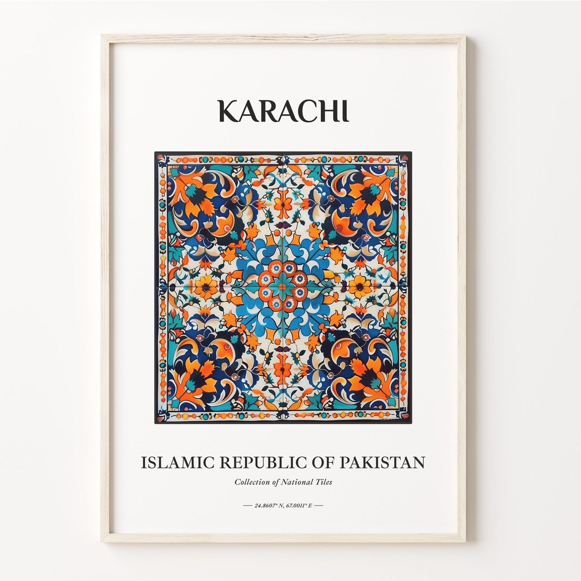 Karachi Pakistan Orange Blue Folk Tile Pattern Wall Decor Poster