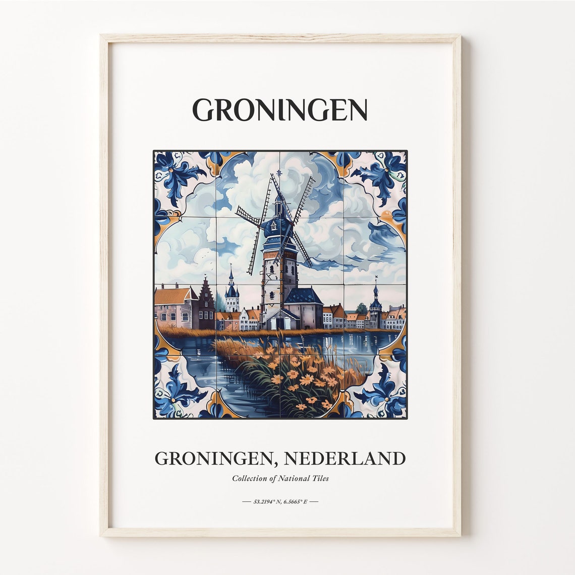 Groningen Netherlands Windmill Delft Blue Tile Canal Decor Poster