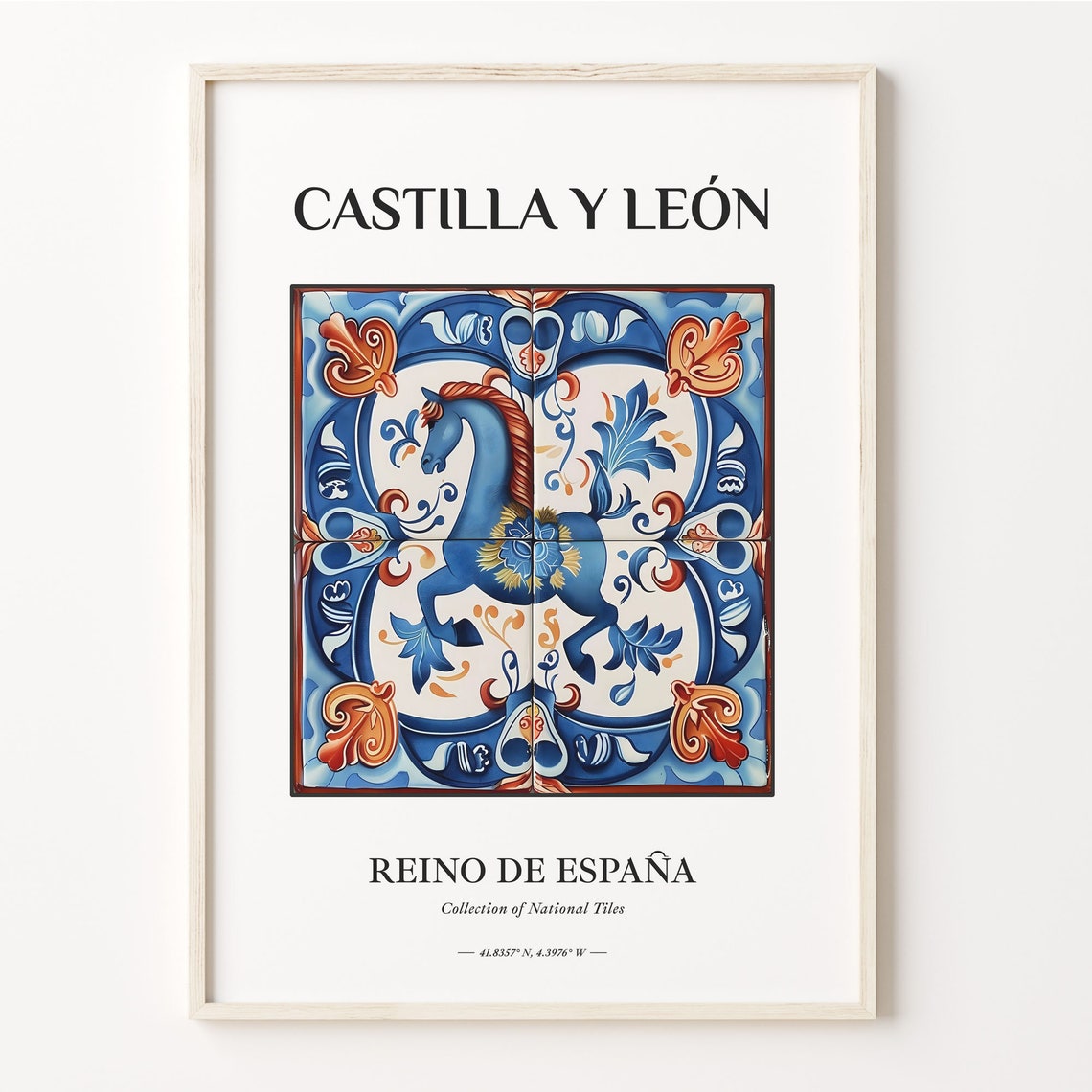 Castilla y Leon Spain Tile Poster with Blue Horse Folk Motif