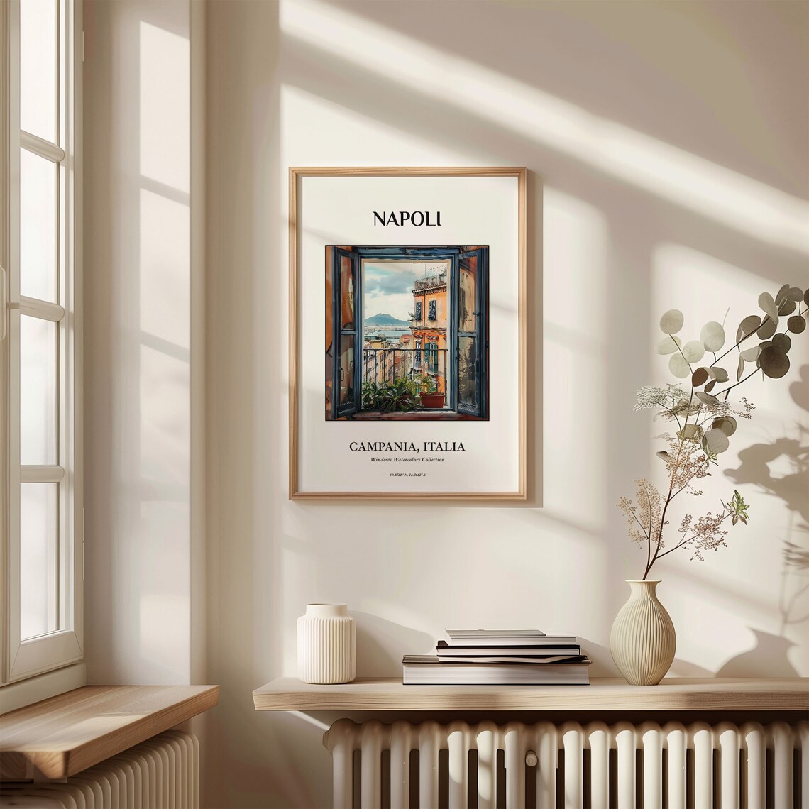 Napoli Italy Watercolor Window View Vesuvius Bay Art Travel Poster - Image 3
