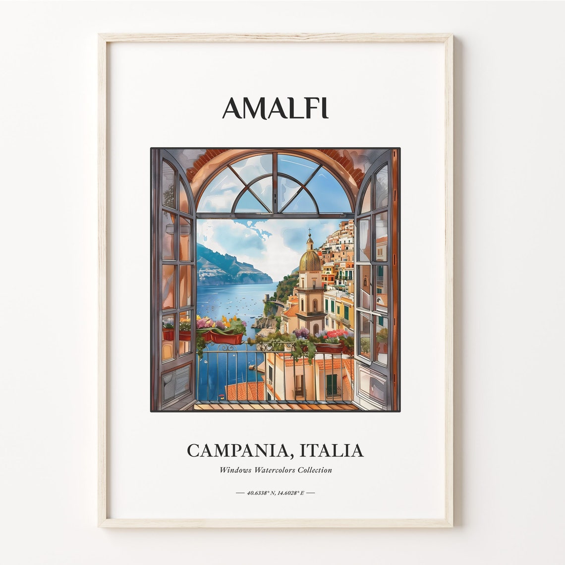 Amalfi Italy Watercolor Coast Sea View Balcony Window Poster