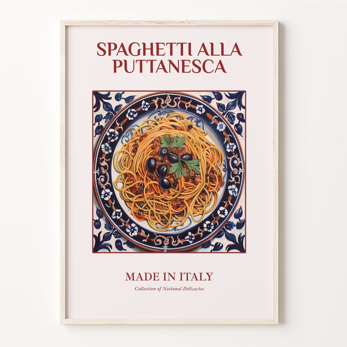 Spaghetti alla Puttanesca Italian Olive Pasta Maiolica Kitchen Poster
