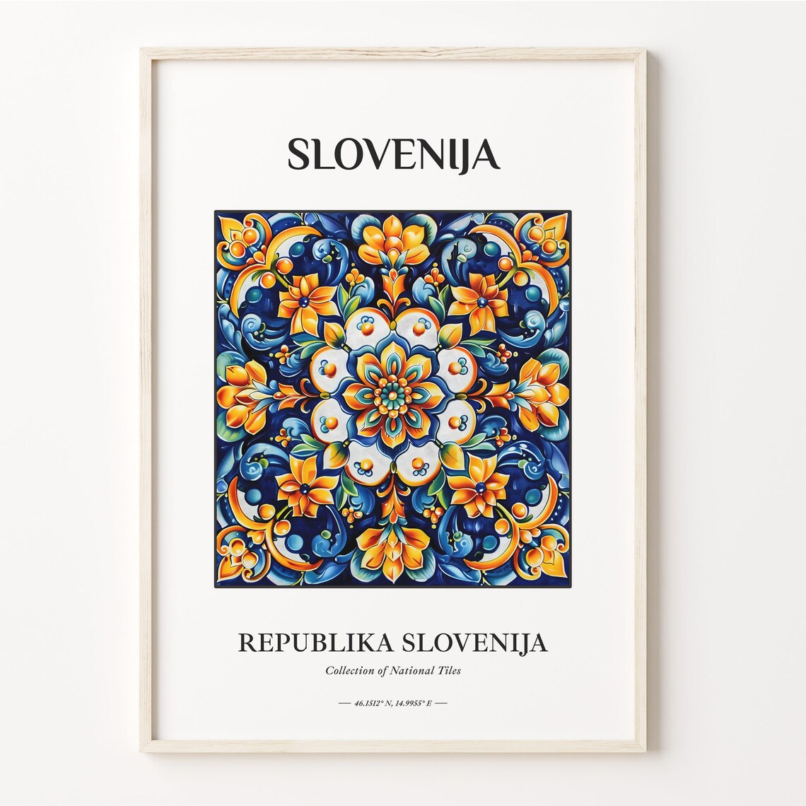 Slovenija National Tile Poster with Blue Orange Floral Bloom