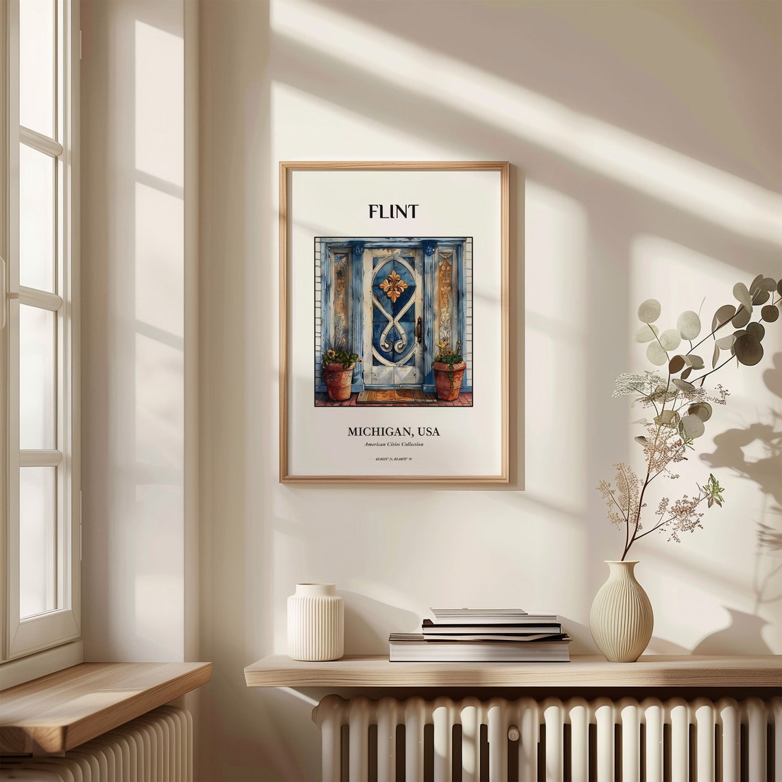 Flint Michigan Watercolor Blue Door with Potted Plants Art Poster - Image 3