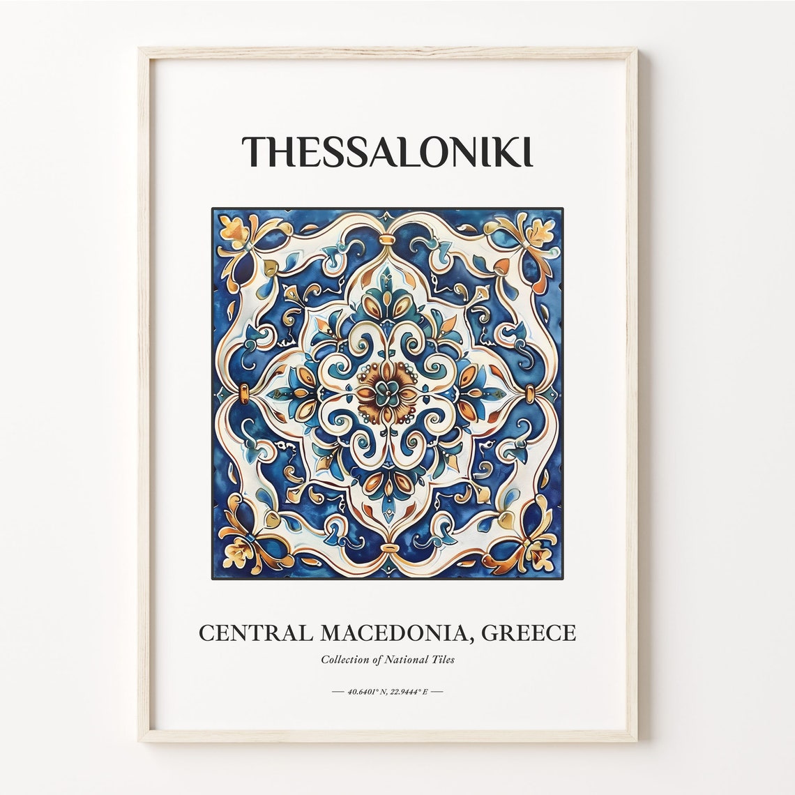 Thessaloniki Greece Blue White Gold Arabesque Tile Decor Poster