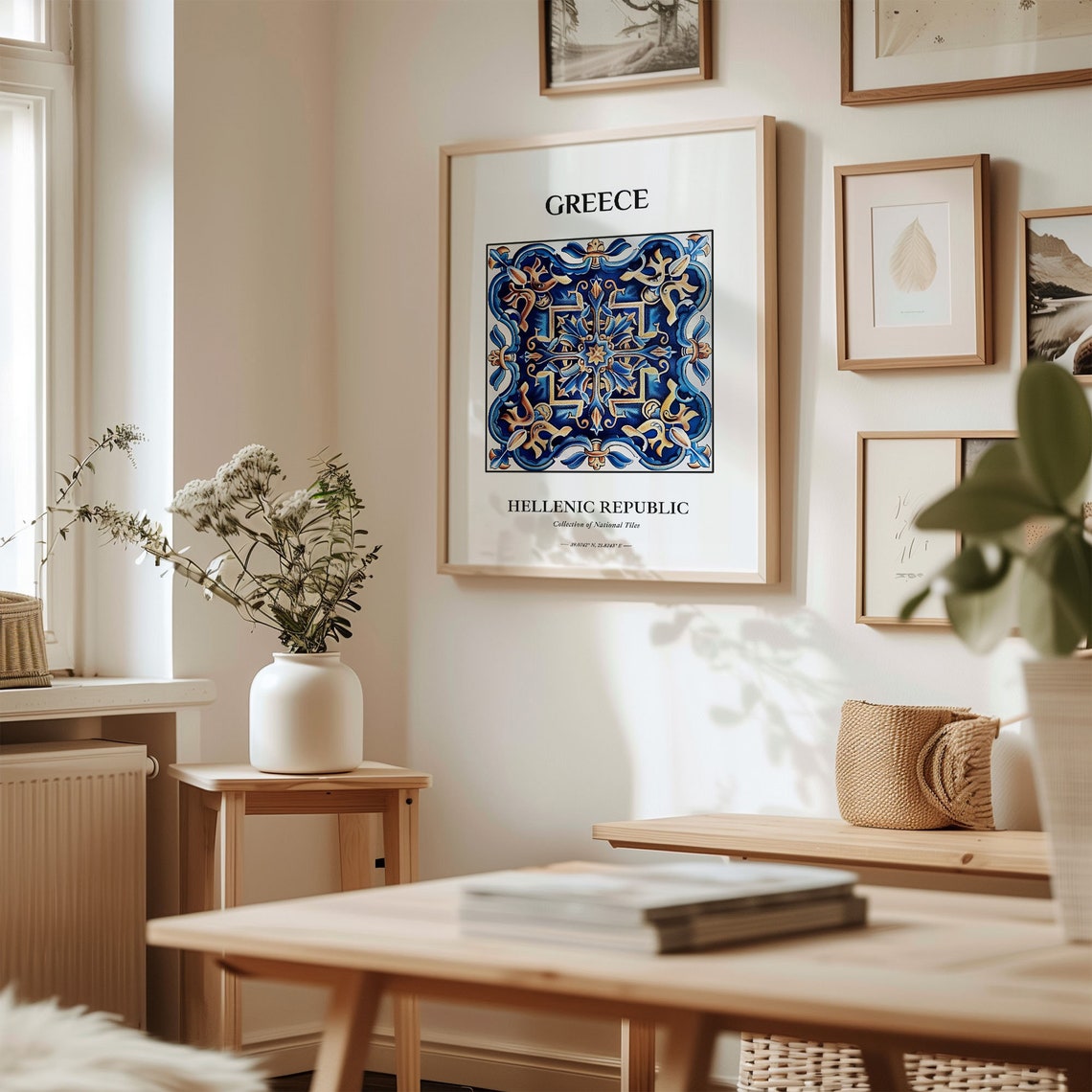 Greece Hellenic Republic Cobalt Blue Gold Star Cross Tile Art Poster - Image 2