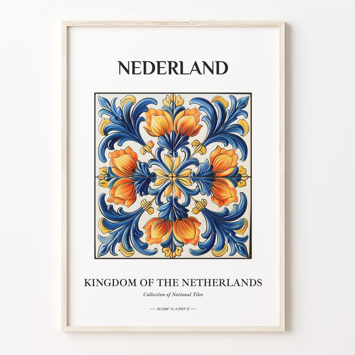 Netherlands Dutch Tulip Floral Tile Blue Orange Wall Decor Poster