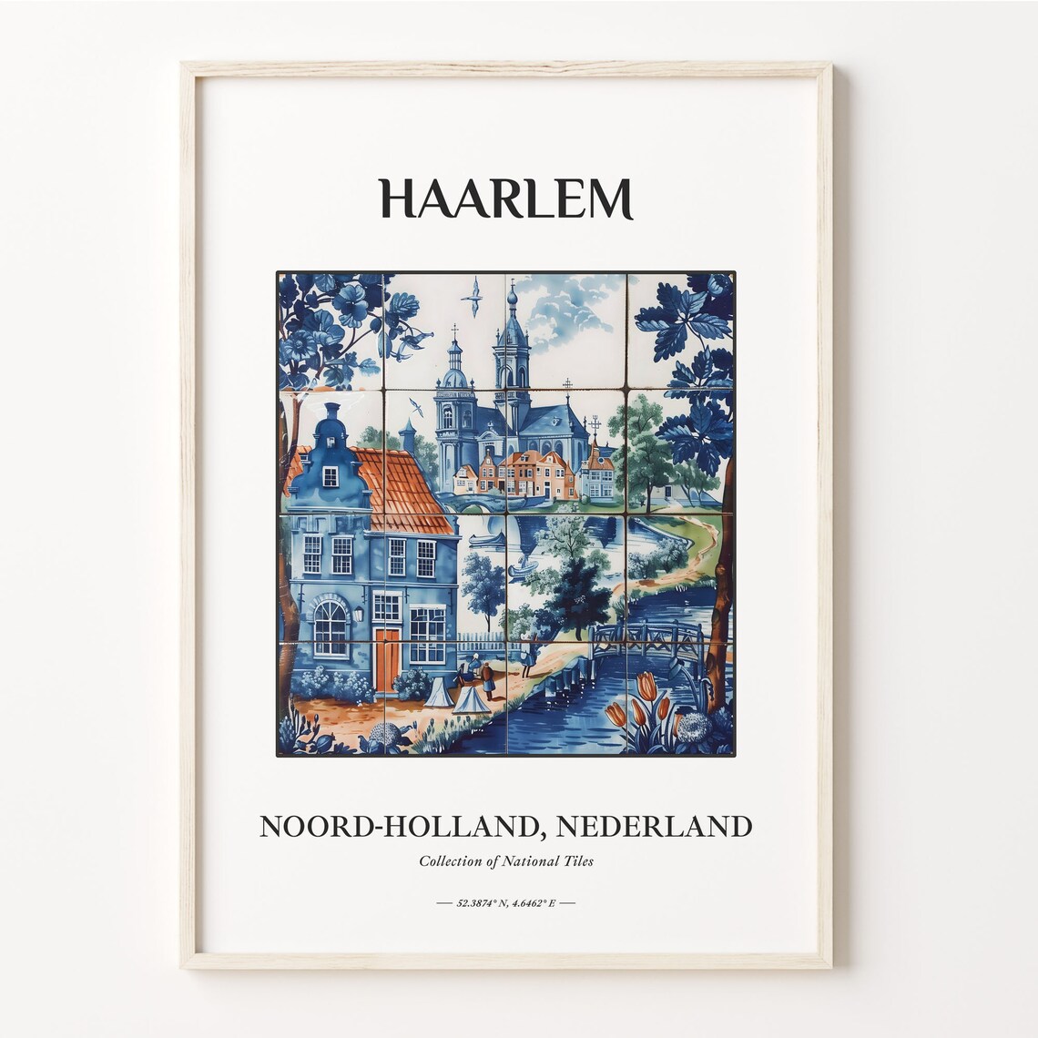 Haarlem Netherlands Delft Tile Poster with Church Canal Scene