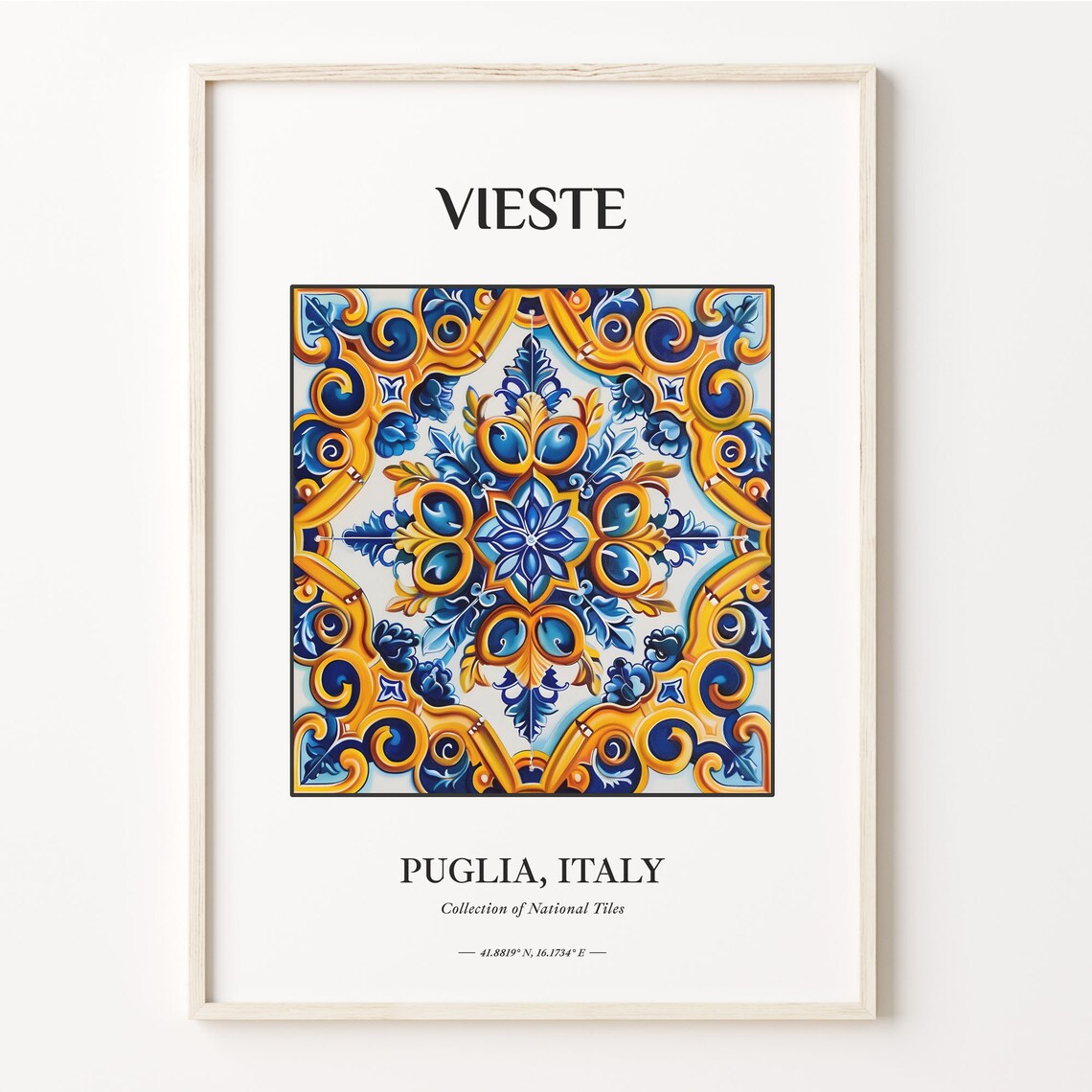 Vieste Puglia Italy Tile Poster with Blue Gold Baroque Swirl