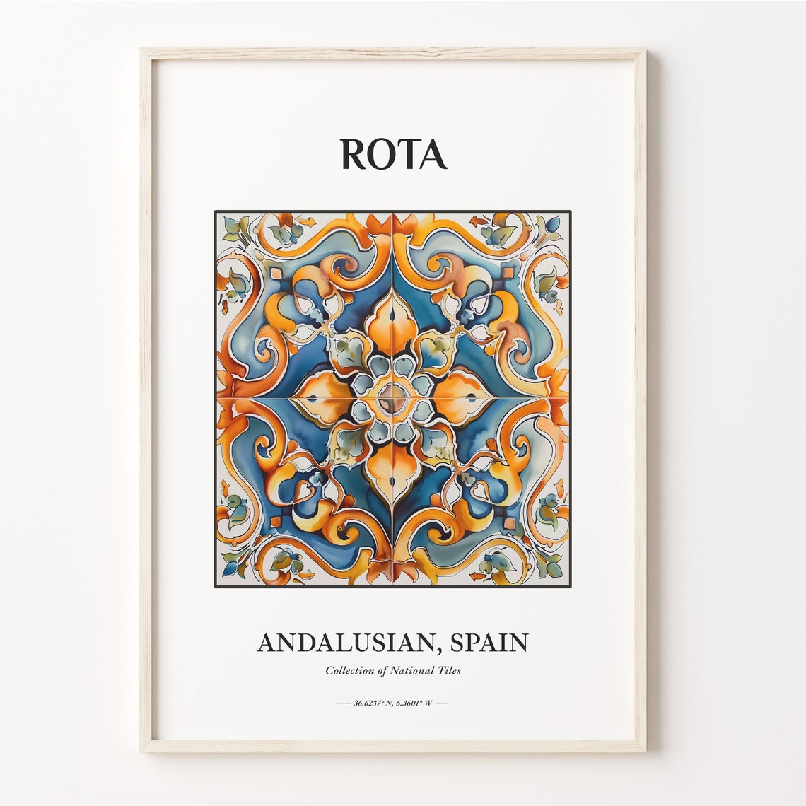 Rota Spain Andalusian Blue Orange Watercolor Tile Medallion Poster