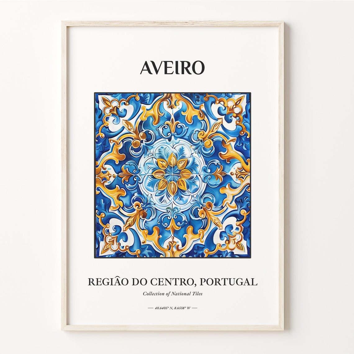 Aveiro Portugal Traditional Blue Gold Azulejo Tile Pattern Poster