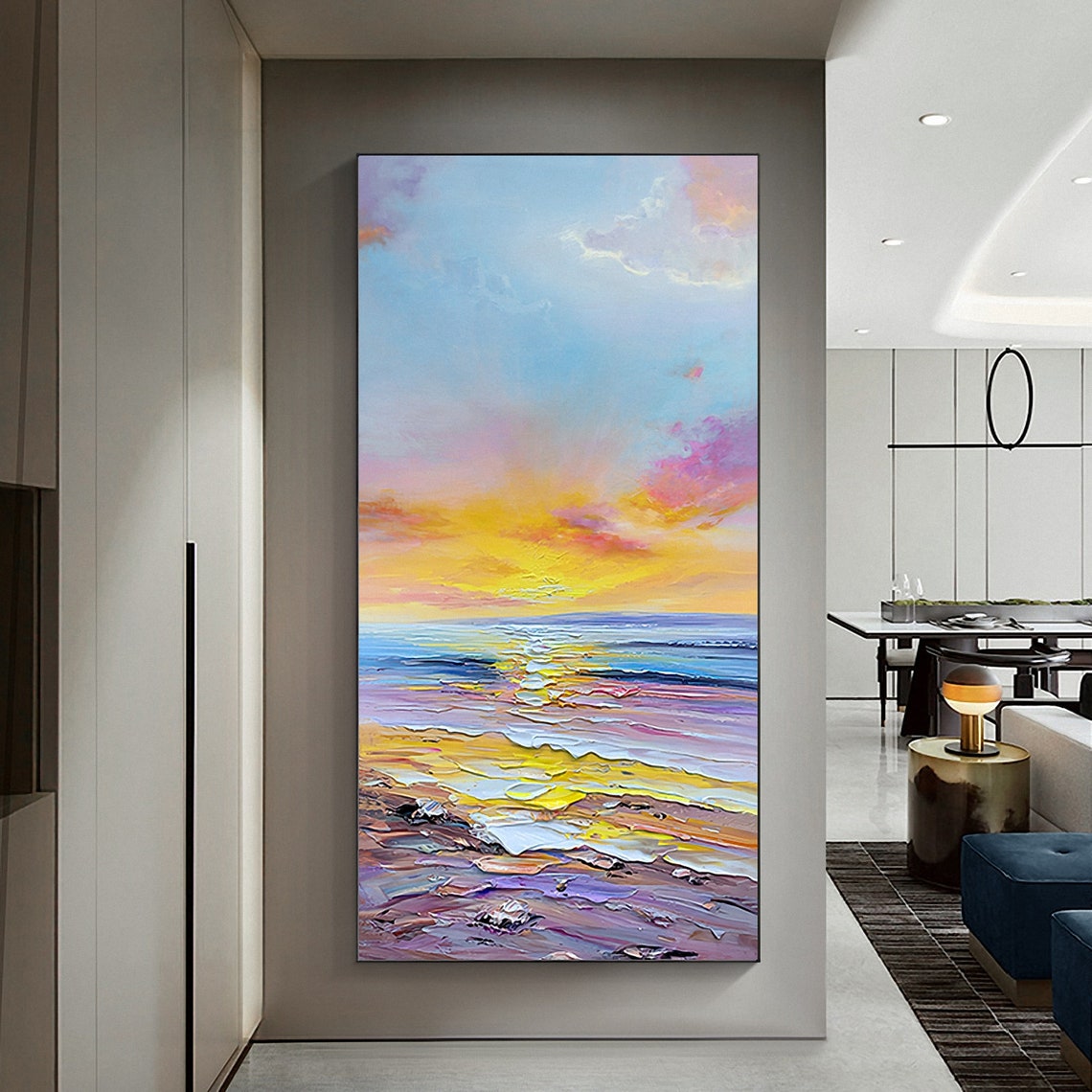 Colorful Beach Sunset Waves Impasto Ocean Landscape Art Poster