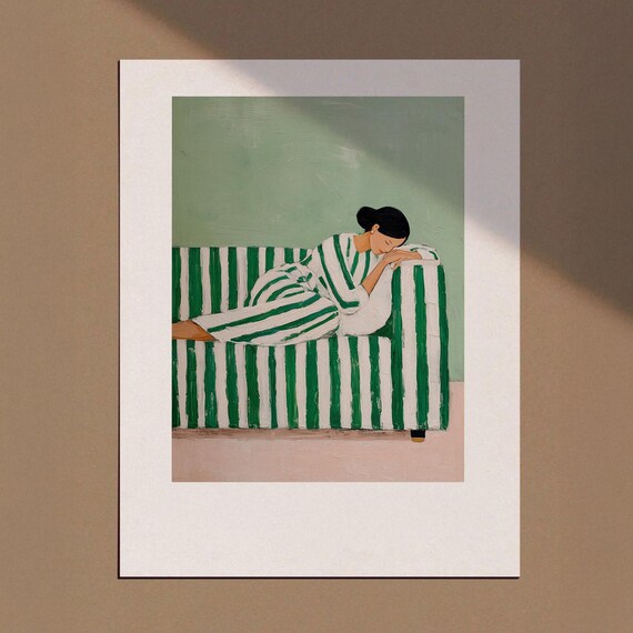 Emerald Sleeping Woman Curled on Green Striped Sofa Art Print