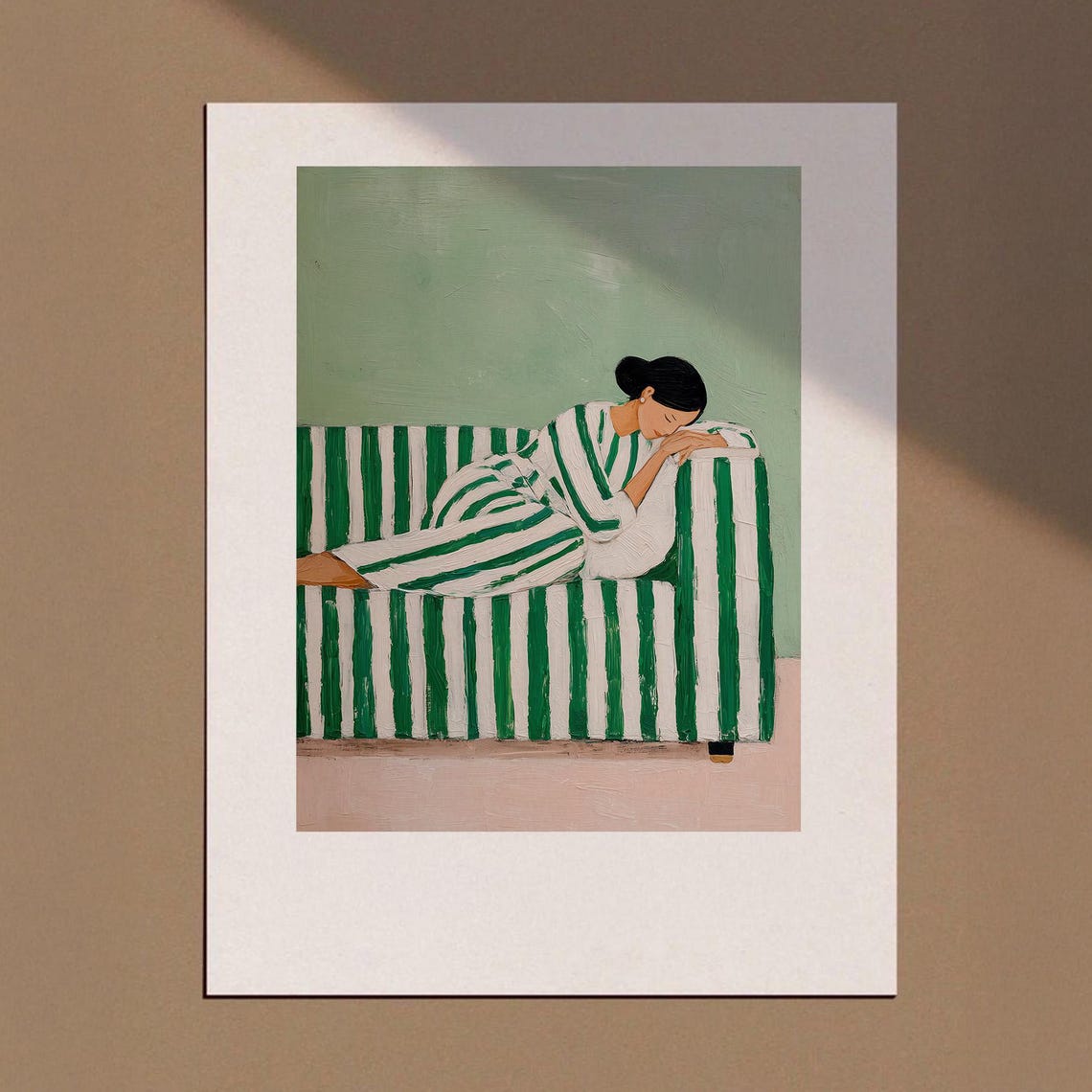 Emerald Sleeping Woman Curled on Green Striped Sofa Art Print