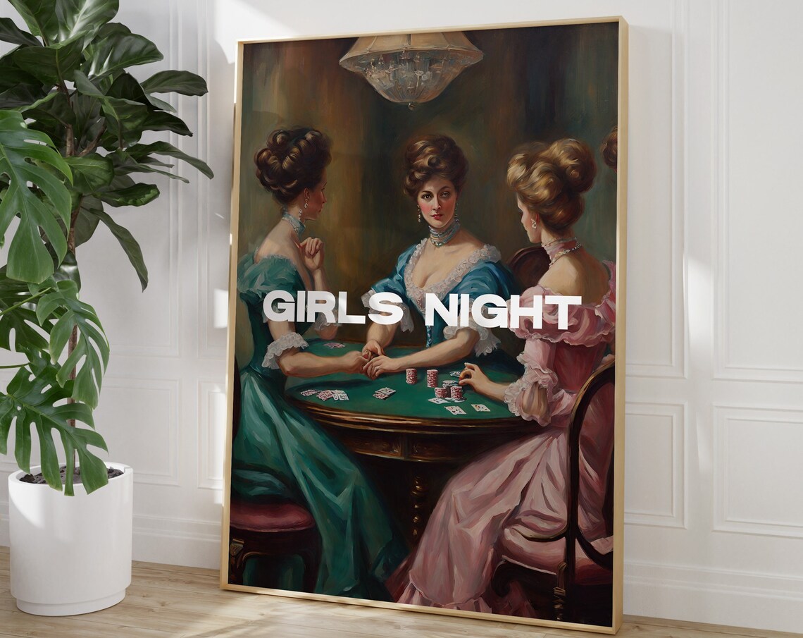 Girls Night Vintage Oil Painting Poker Ladies Glamorous Game Poster