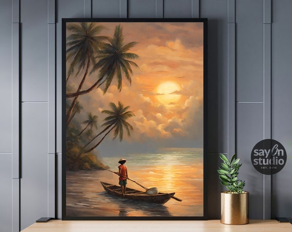 Tropical Palm Beach Sunset Print Fishing Fisherman Artwork Laid Back Asian Culture Wall Art