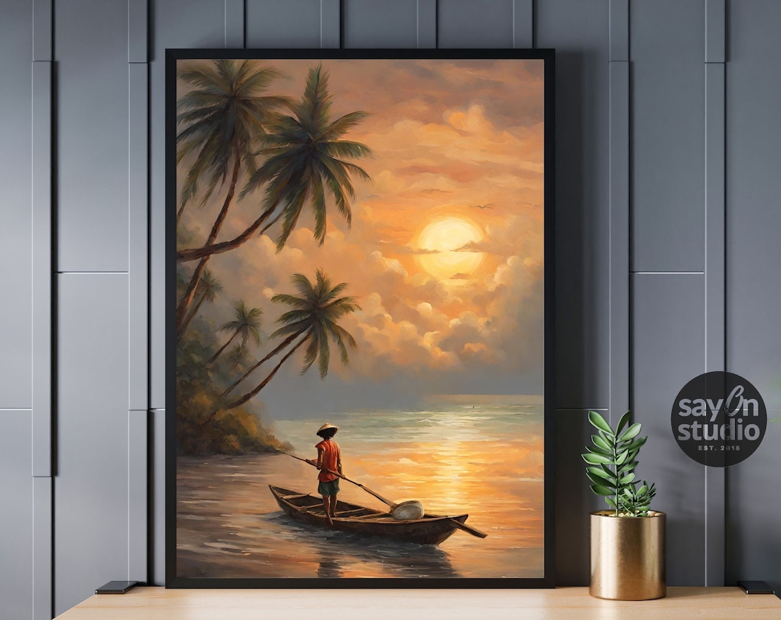 Tropical Fisherman Sunset Palm Beach Ocean Painting Coastal Art Poster