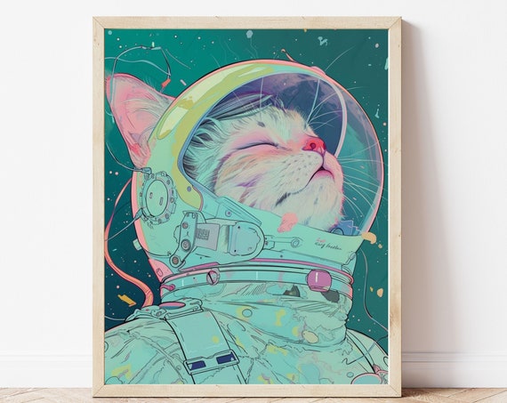 Space Cat Astronaut Vintage Art Print