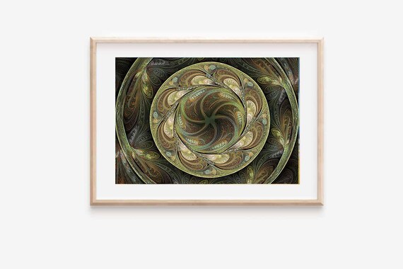 Green And Gold Paisley Fractal Spiral Mandala Wall Decor Print