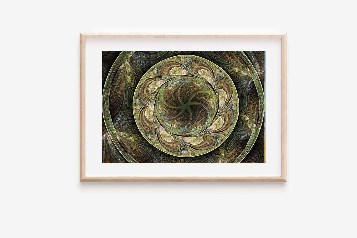 Green And Gold Paisley Fractal Spiral Mandala Wall Decor Print