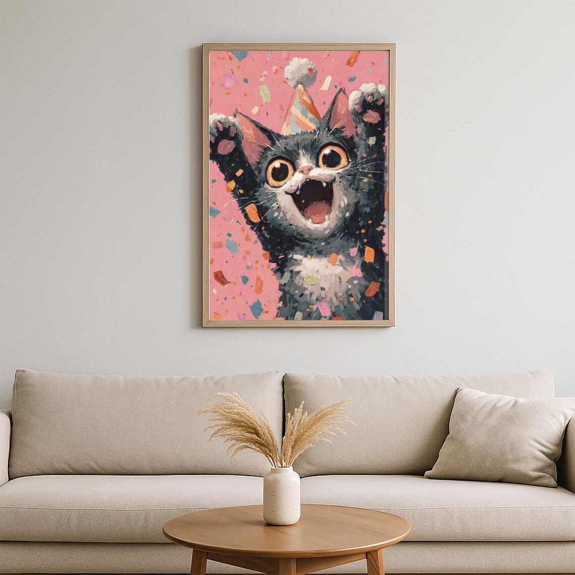 Excited Party Cat Pink Confetti Funny Animal Birthday Art Poster - Image 2