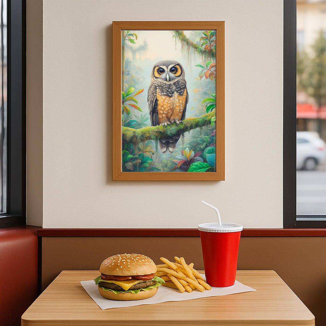 Tropical Owl Perched On Mossy Branch Rainforest Jungle Bird Poster - Image 3