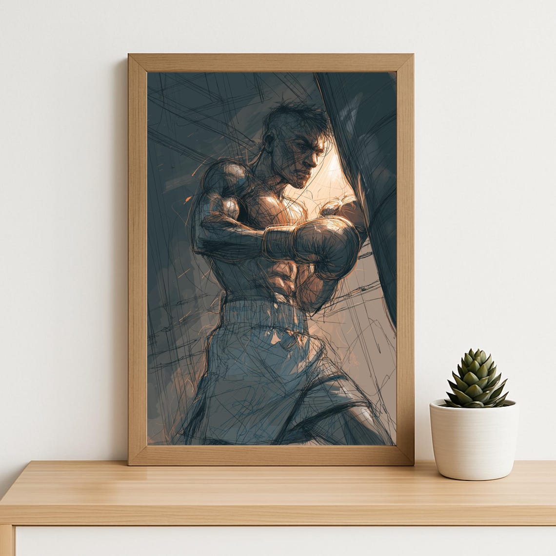 Boxer Throwing Punch At Heavy Bag Dramatic Training Art Poster