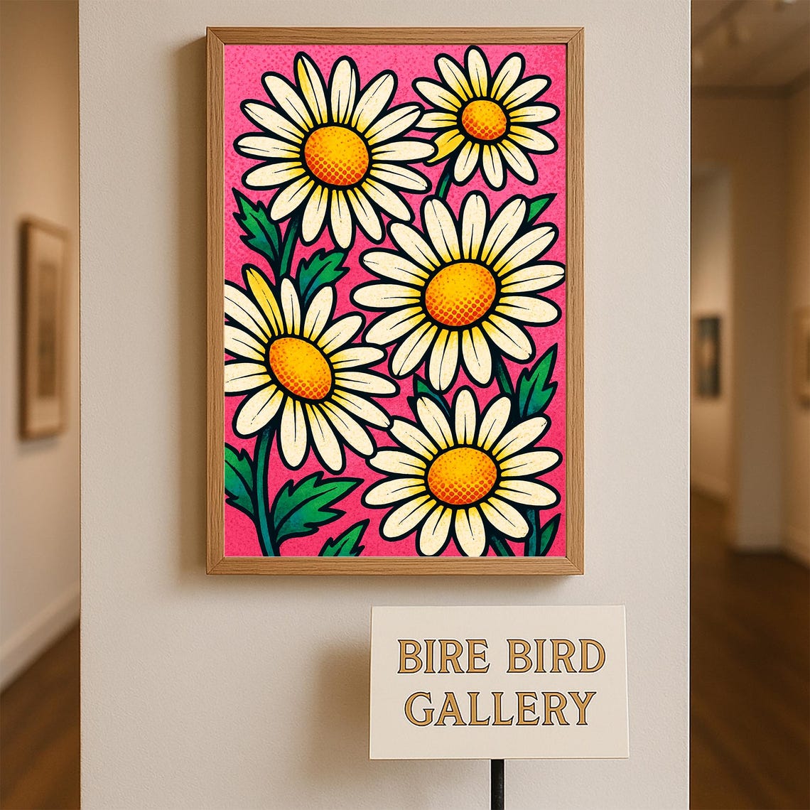 Bold Retro Daisy Flowers Pop Art Style on Pink Background Poster