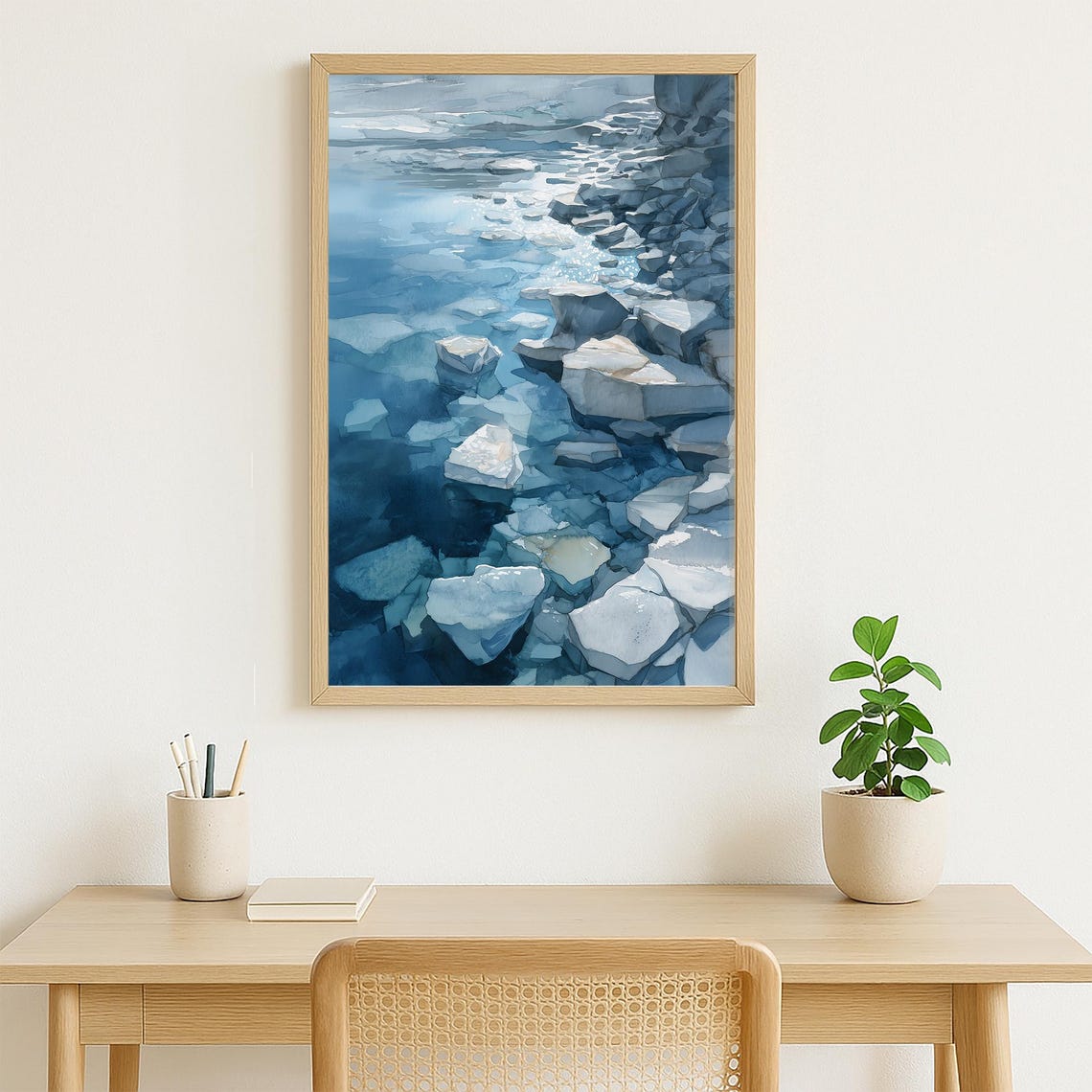 Icy Blue Ocean Water Rocks Serene Winter Nature Landscape Poster - Image 3