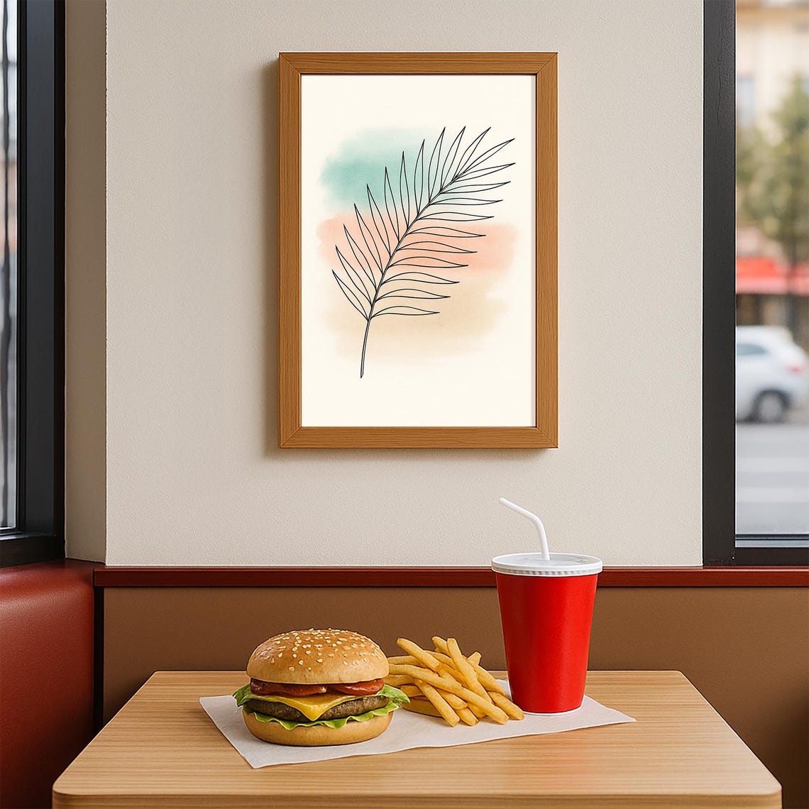 Minimalist Palm Leaf Line Art Pastel Watercolor Botanical Print - Image 4