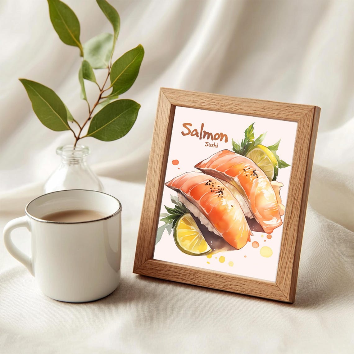 Salmon Sushi Watercolor Two Nigiri Lemon Food Kitchen Art Poster - Image 4