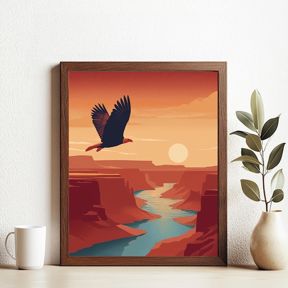 Eagle Soaring Over Canyon River At Sunset Retro Style Poster