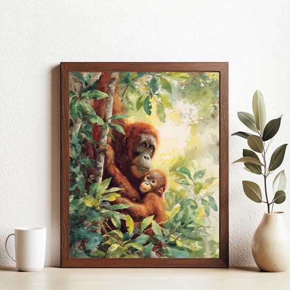 Orangutan Mother And Baby Wall Art Watercolor Jungle Animal Poster Wildlife Conservation Decor