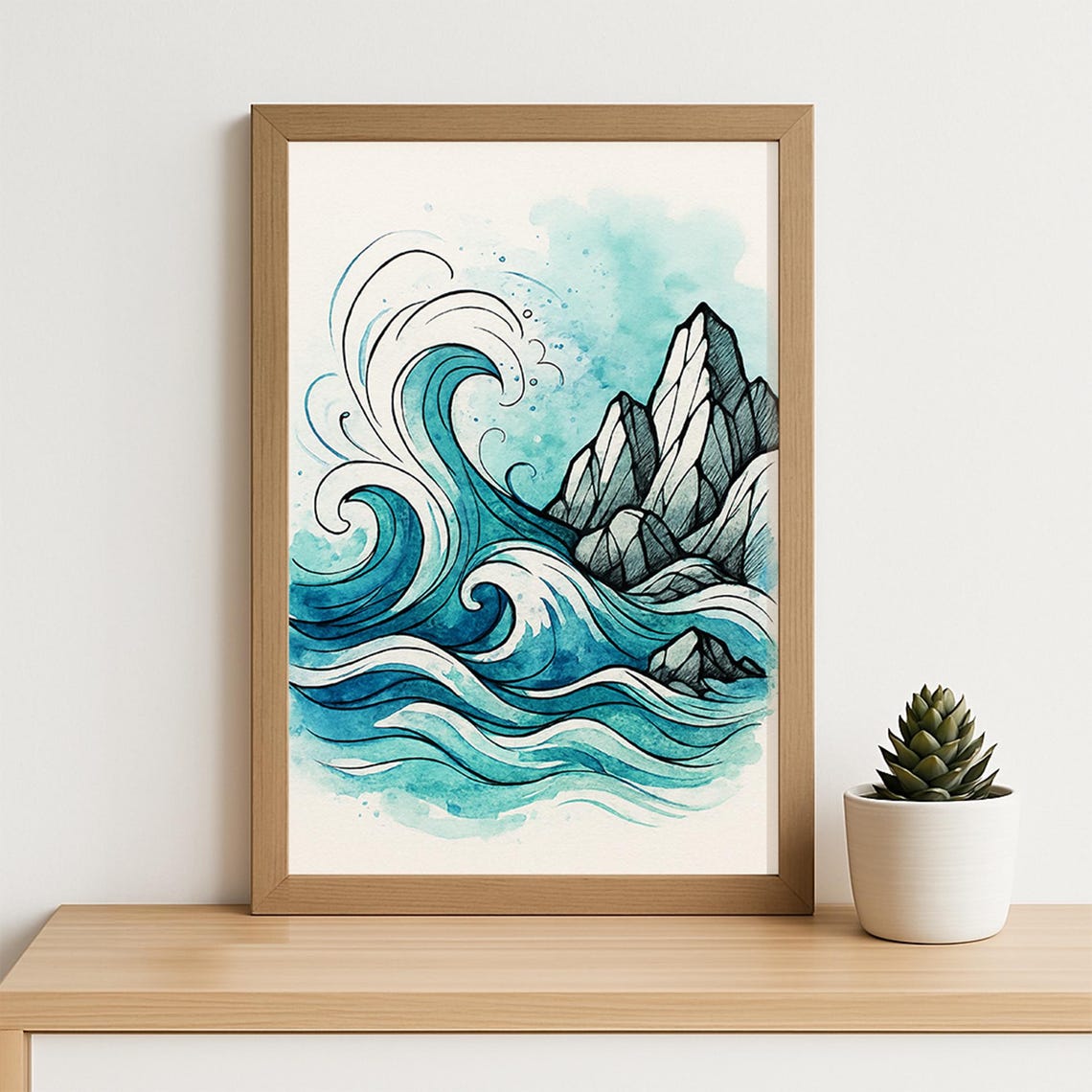 Ocean Wave Watercolor Big Blue Curl Rocky Coastline Art Poster