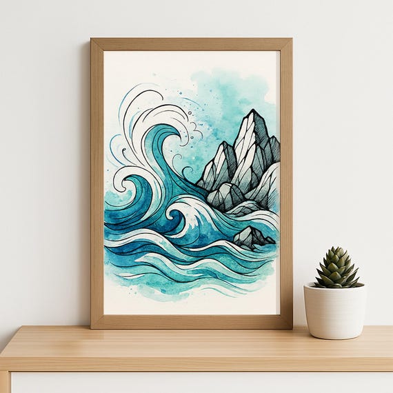 Ocean Wave And Mountain Wall Art Bold Ink Watercolor Coastal Illustration Dynamic Sea Poster Modern Nautical Home Decor