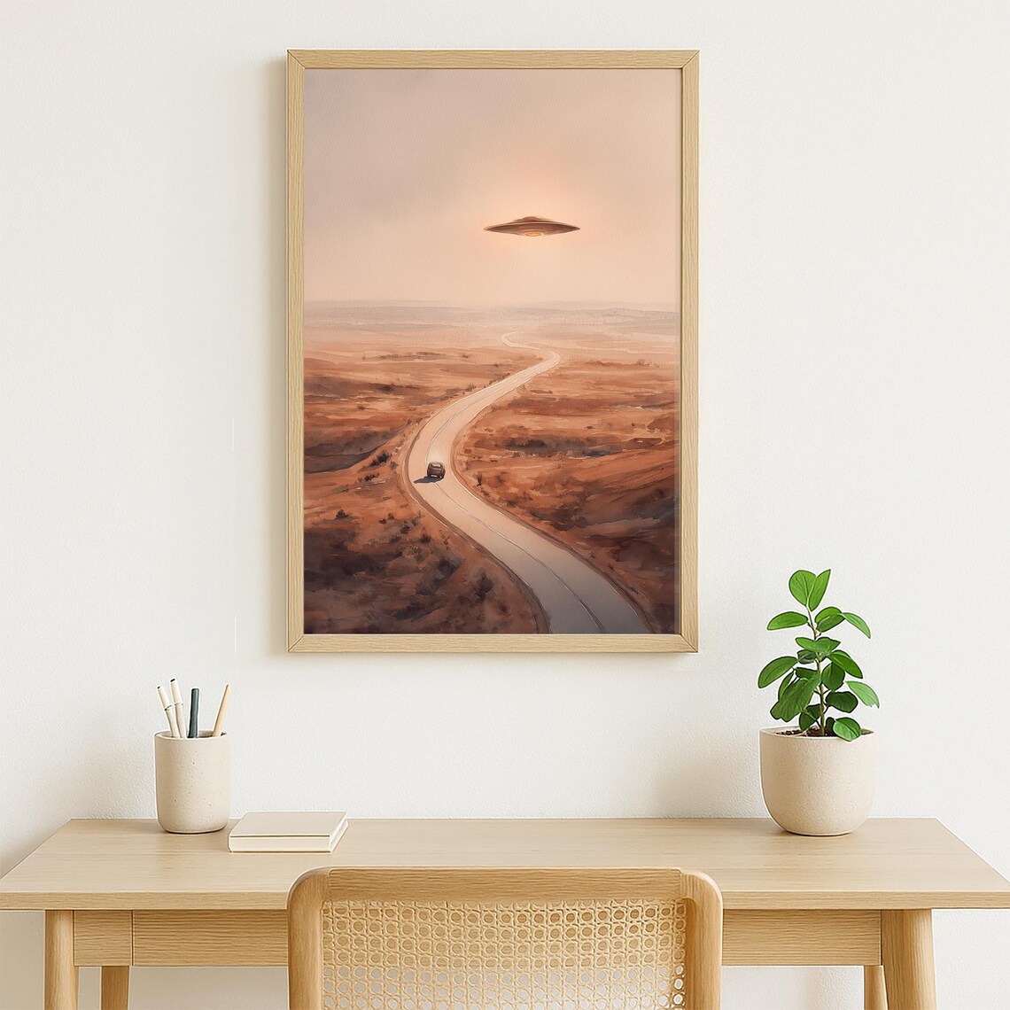 UFO Desert Highway Night Road Surreal Mystery Sci Fi Art Poster - Image 3