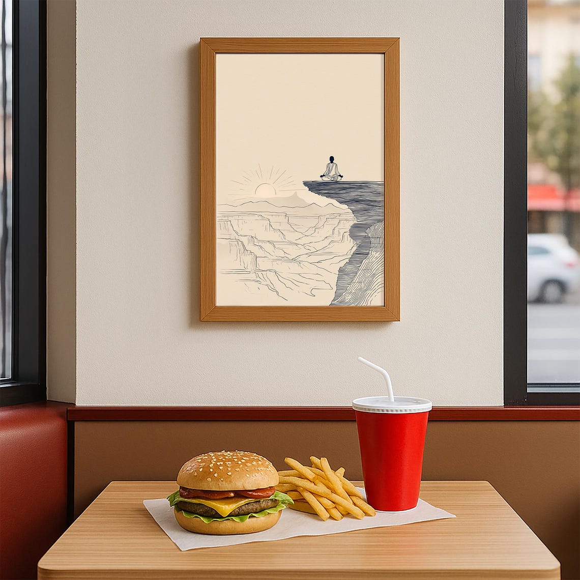 Man Meditating On Canyon Cliff Edge Sunrise Minimalist Line Poster - Image 3