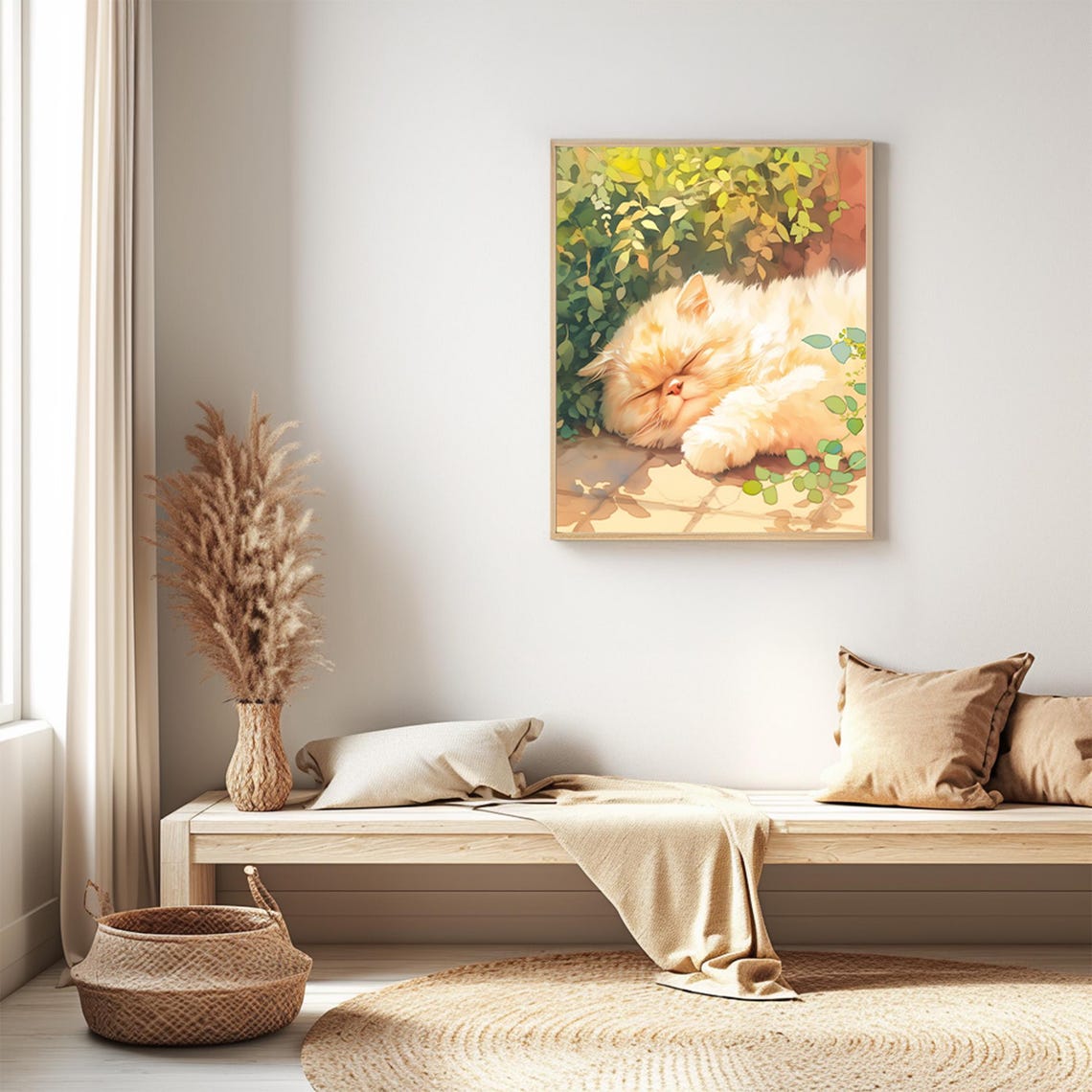 Fluffy White Cat Napping in Sunlight Watercolor Animal Poster - Image 3